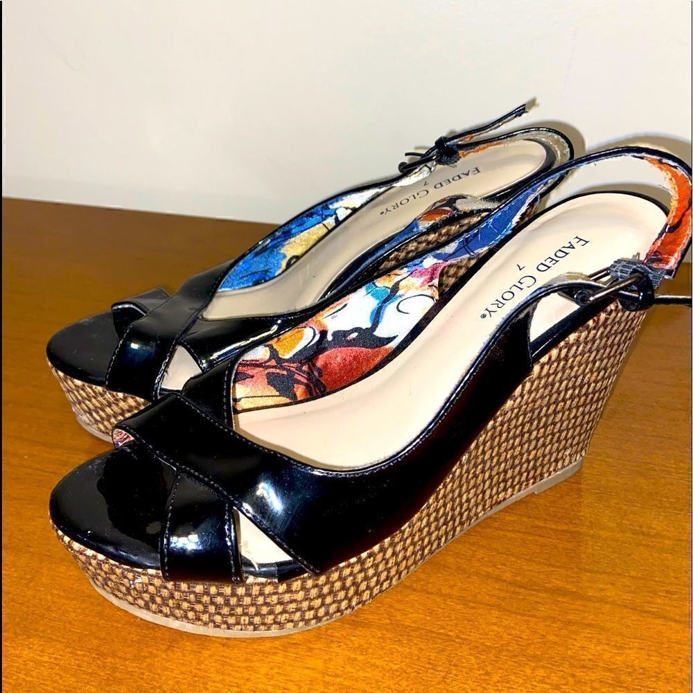 Open toed patent leather wedges